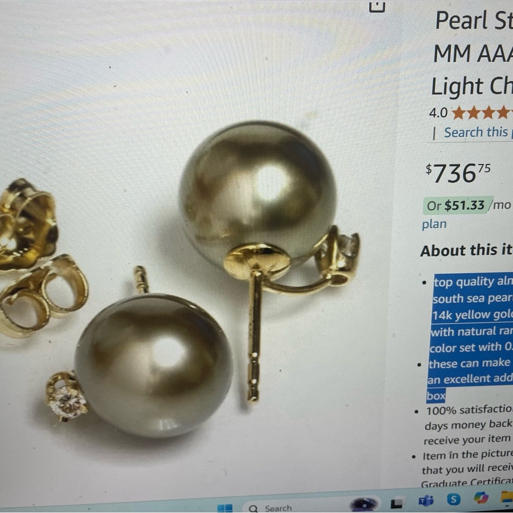 Gold Tahitian diamond pearl studs 14k